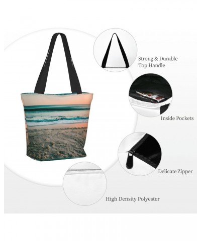 Beach Sunset Theme Tote Bag with Zipper for Women Inside Mesh Pocket Heavy Duty Casual Anti-water Cloth Shoulder Handbag Outd...