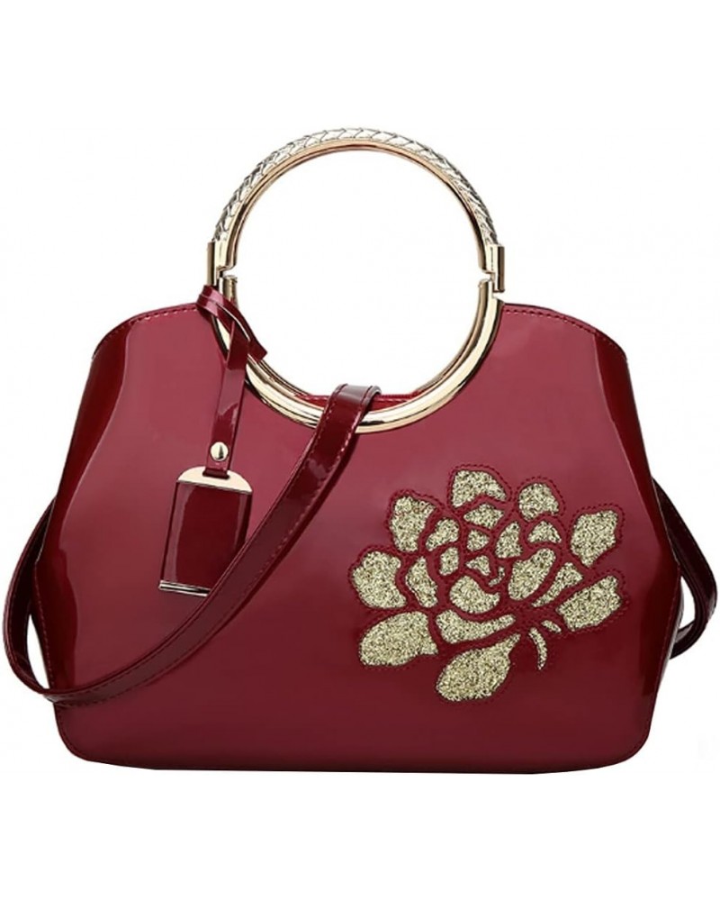 Women Purse and Handbag Patent Leather Satchel Flower Printing Tote Top Handle Shoulder Bag With Pendant Wine $37.19 Totes