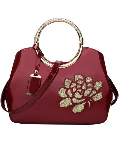 Women Purse and Handbag Patent Leather Satchel Flower Printing Tote Top Handle Shoulder Bag With Pendant Wine $37.19 Totes