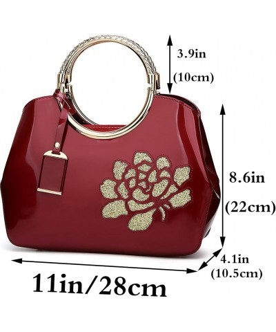 Women Purse and Handbag Patent Leather Satchel Flower Printing Tote Top Handle Shoulder Bag With Pendant Wine $37.19 Totes