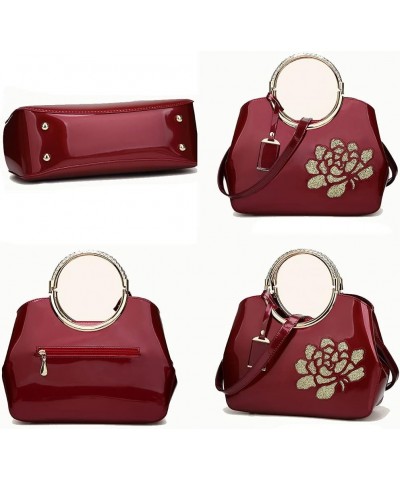 Women Purse and Handbag Patent Leather Satchel Flower Printing Tote Top Handle Shoulder Bag With Pendant Wine $37.19 Totes