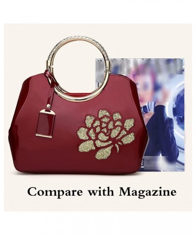 Women Purse and Handbag Patent Leather Satchel Flower Printing Tote Top Handle Shoulder Bag With Pendant Wine $37.19 Totes