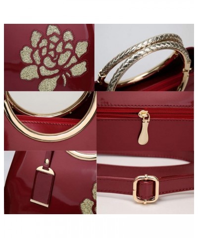 Women Purse and Handbag Patent Leather Satchel Flower Printing Tote Top Handle Shoulder Bag With Pendant Wine $37.19 Totes