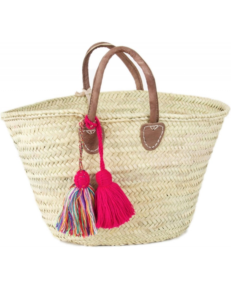 Moroccan Market Basket/Brown Leather Handle/Pink & Multi Color Pom Pom Accessory $26.18 Totes