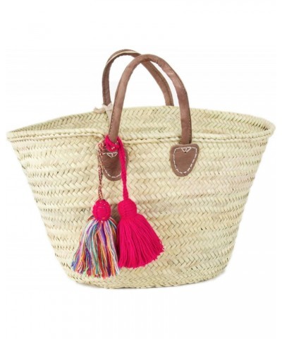 Moroccan Market Basket/Brown Leather Handle/Pink & Multi Color Pom Pom Accessory $26.18 Totes