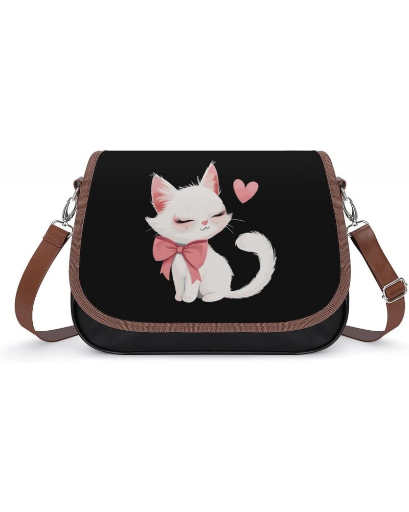 White Cat Heart Love Women's PU Leather Purses Crossbody Shoulder Bag Messenger Bag $19.59 Shoulder Bags