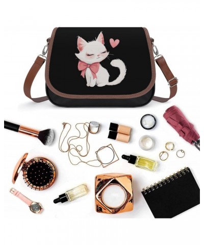 White Cat Heart Love Women's PU Leather Purses Crossbody Shoulder Bag Messenger Bag $19.59 Shoulder Bags