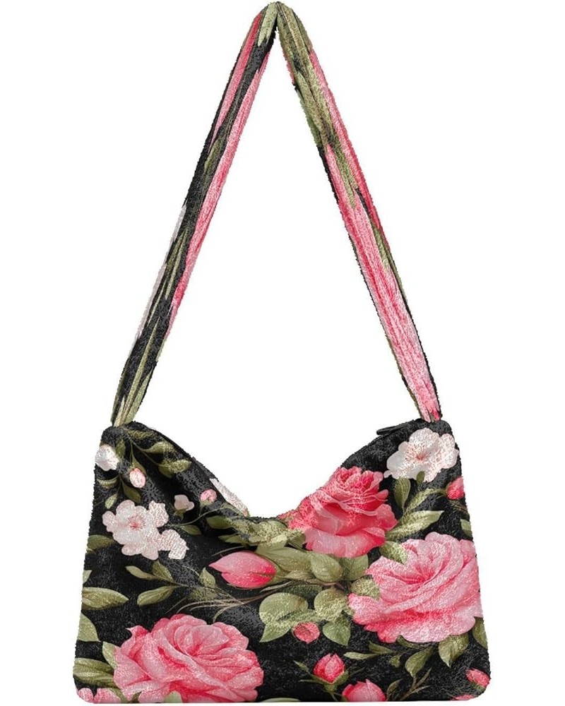 Floral Pink Roses and Leaves on Black Women Shoulder Bag Tote, Medium Size Shoulder Bag, Autumn Handbags Floral Pink Roses an...