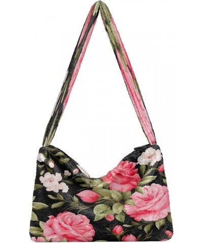 Floral Pink Roses and Leaves on Black Women Shoulder Bag Tote, Medium Size Shoulder Bag, Autumn Handbags Floral Pink Roses an...