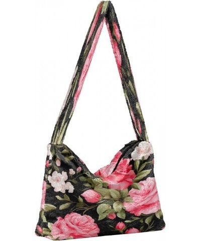 Floral Pink Roses and Leaves on Black Women Shoulder Bag Tote, Medium Size Shoulder Bag, Autumn Handbags Floral Pink Roses an...