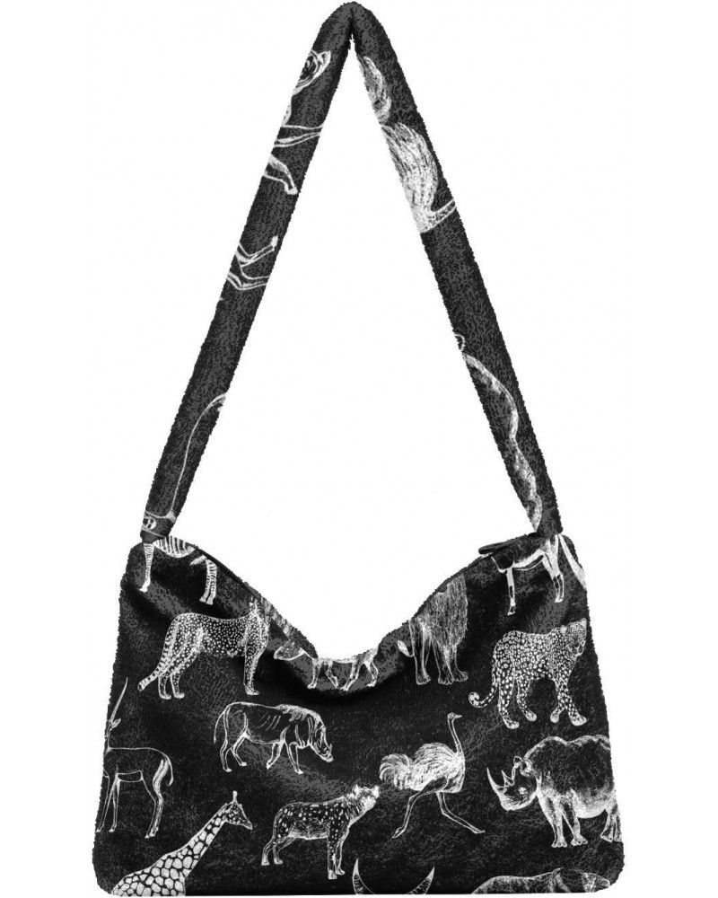 Sketch Wild Animals Furry Tote Bag for Women Crossbody Bag Shoulder Bag Cute Plush Bag with Zipper for Fall Winter $8.40 Totes