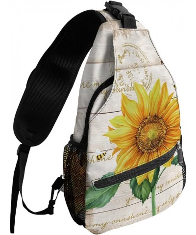 Sling Backpack, Rustic Farm Sunflower Bee Wooden Waterproof Lightweight Small Sling Bag, Travel Chest Bag Crossbody Shoulder ...