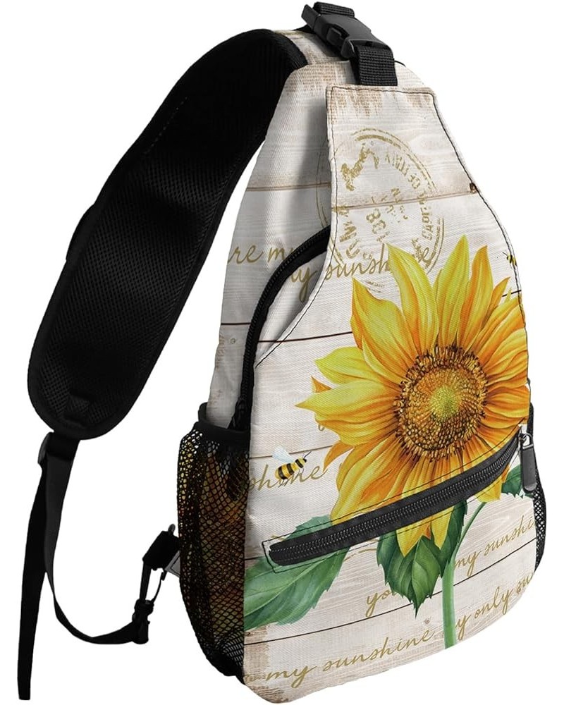 Sling Backpack, Rustic Farm Sunflower Bee Wooden Waterproof Lightweight Small Sling Bag, Travel Chest Bag Crossbody Shoulder ...