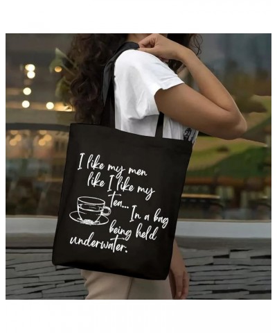 SAUIVD I Like My Men Like I Like My Tea Canvas Tote Bag Eco Friendly Shoulder Bag Teapot Graphic Casual Handbag Black $8.31 T...