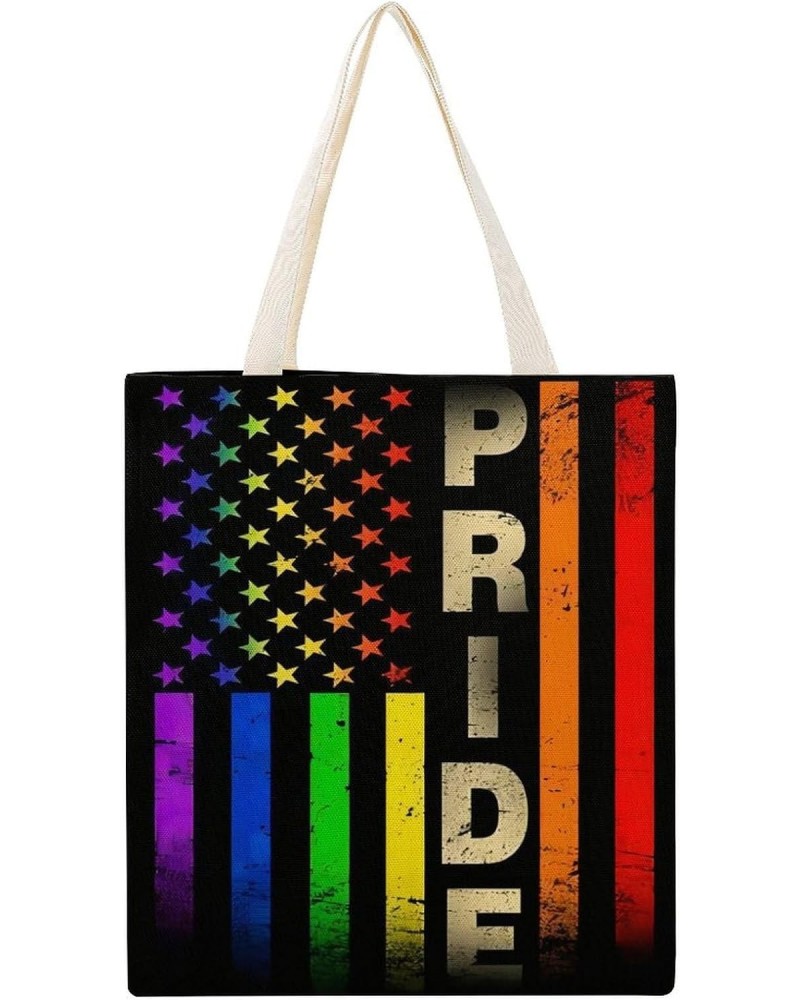 Gay Pride Rainbow American Flag CanvasTote Bag for Women Girl Canvas Shoulder Handbags Cute Large Purse $9.43 Totes