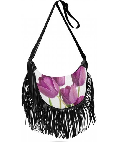 Women Fringe Tassel Cross Body Bag Purple Tulip Leisure Shoulder Bag Color581 $11.63 Crossbody Bags