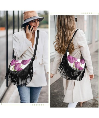 Women Fringe Tassel Cross Body Bag Purple Tulip Leisure Shoulder Bag Color581 $11.63 Crossbody Bags