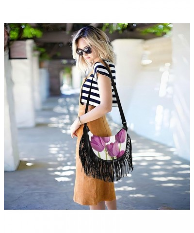 Women Fringe Tassel Cross Body Bag Purple Tulip Leisure Shoulder Bag Color581 $11.63 Crossbody Bags