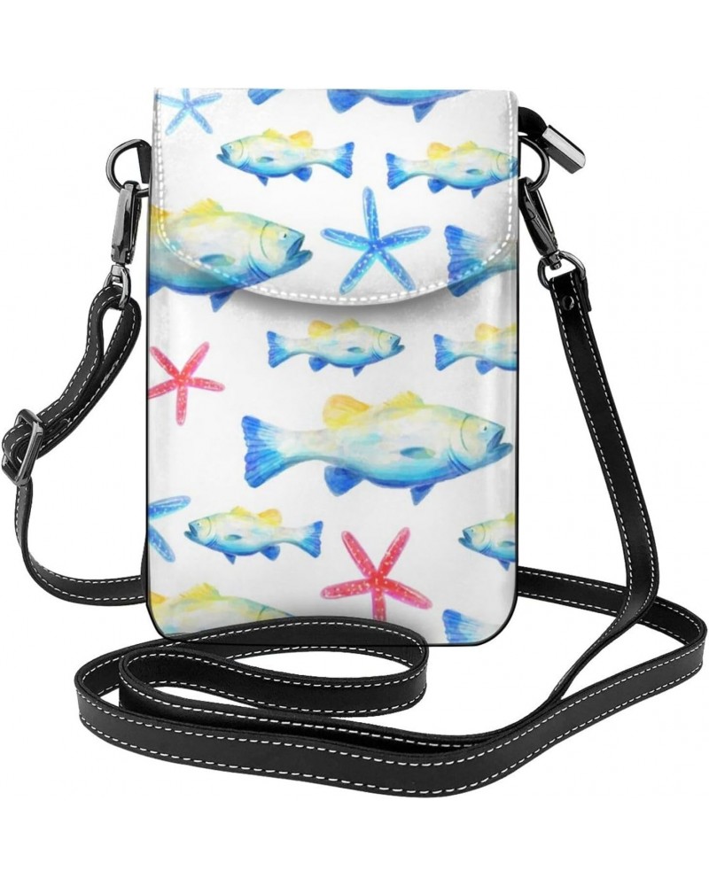 Watercolor Fish Starfish Pattern Crossbody Wallet Phone Bag for Women Mini Shoulder Bag Cell Phone Purse $17.33 Crossbody Bags