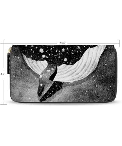 Dinosaurs in Space Planets Rockets Universe Theme on Dark Blue Leather Long Wallet Organizer with Zipper Purse Clutch Bag for...