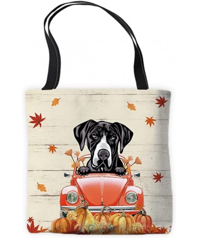 Canvas Tote Bag Animal Dog Great Dane Peeking Dog in Red Retro Bag with Pumpkin and Maple Leaves Summer Autumn Bag Great Dane...