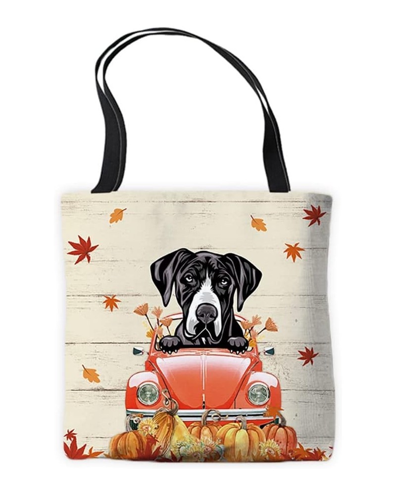 Canvas Tote Bag Animal Dog Great Dane Peeking Dog in Red Retro Bag with Pumpkin and Maple Leaves Summer Autumn Bag Great Dane...