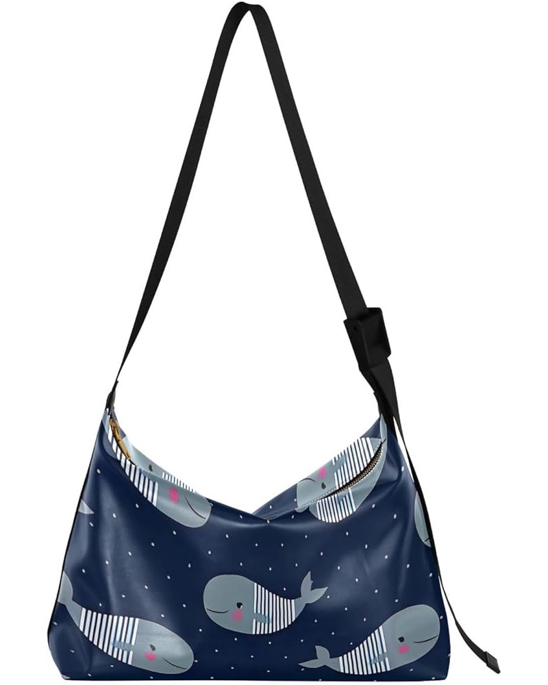 Cats on Pink Plaid Shoulder Bag for Women Man PU Leather Crossbody Bag with Adjustable Strap Whales on Dark Blue $19.97 Totes