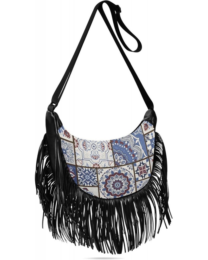 Vintage Blue Patchwork Tile Fringe Bag for Women Cross Body Bag Tassel Shoulder Bag Satchel $15.38 Crossbody Bags