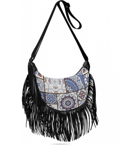 Vintage Blue Patchwork Tile Fringe Bag for Women Cross Body Bag Tassel Shoulder Bag Satchel $15.38 Crossbody Bags