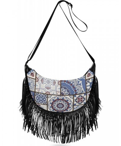 Vintage Blue Patchwork Tile Fringe Bag for Women Cross Body Bag Tassel Shoulder Bag Satchel $15.38 Crossbody Bags