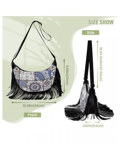 Vintage Blue Patchwork Tile Fringe Bag for Women Cross Body Bag Tassel Shoulder Bag Satchel $15.38 Crossbody Bags