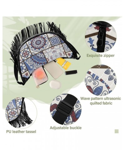 Vintage Blue Patchwork Tile Fringe Bag for Women Cross Body Bag Tassel Shoulder Bag Satchel $15.38 Crossbody Bags