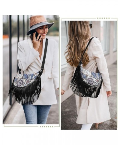 Vintage Blue Patchwork Tile Fringe Bag for Women Cross Body Bag Tassel Shoulder Bag Satchel $15.38 Crossbody Bags