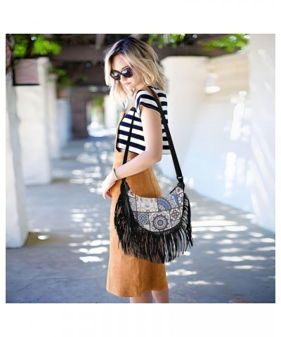 Vintage Blue Patchwork Tile Fringe Bag for Women Cross Body Bag Tassel Shoulder Bag Satchel $15.38 Crossbody Bags