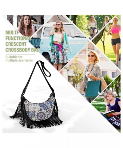 Vintage Blue Patchwork Tile Fringe Bag for Women Cross Body Bag Tassel Shoulder Bag Satchel $15.38 Crossbody Bags