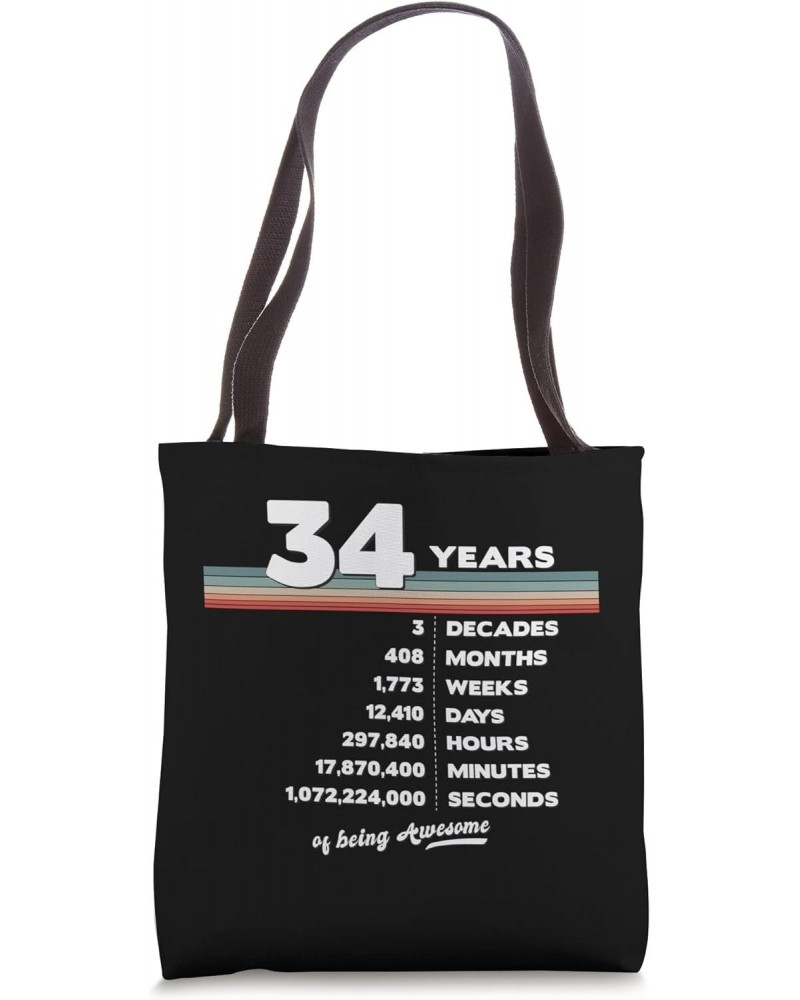 34th Birthday Vintage 34 Years Old Retro 408 Months Weeks Tote Bag $14.39 Totes