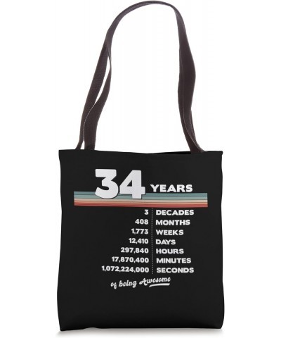 34th Birthday Vintage 34 Years Old Retro 408 Months Weeks Tote Bag $14.39 Totes