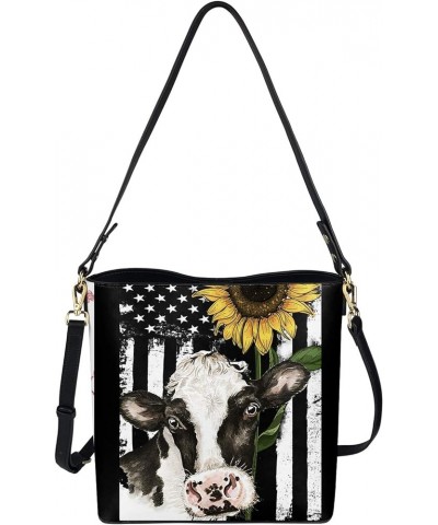 Boho Bags for Women Leather Handbag Shoulder Bucket Crossbody Purse Grey Sunflower Flag Cow $21.72 Totes