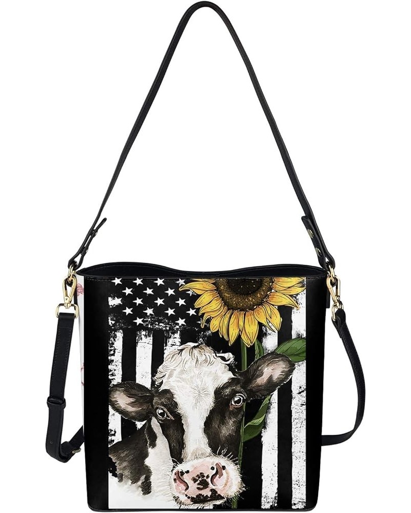 Boho Bags for Women Leather Handbag Shoulder Bucket Crossbody Purse Grey Sunflower Flag Cow $21.72 Totes