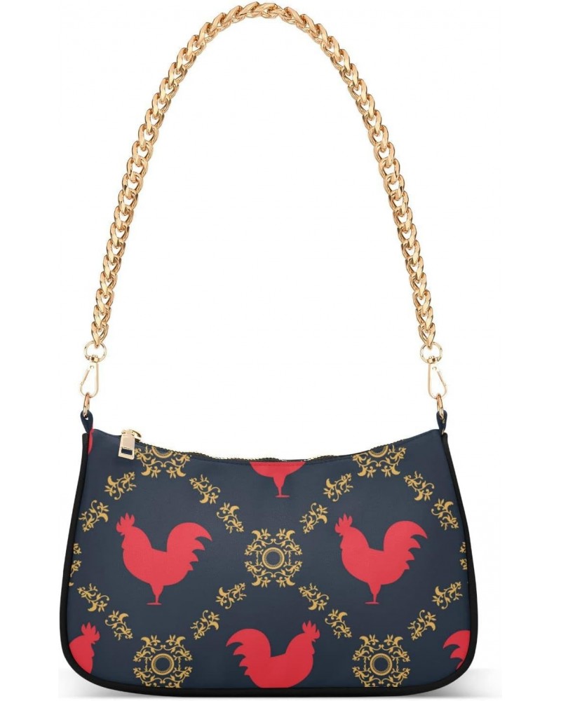 Rooster Shoulder Bag for Women Fabric Crescent Handbag with Zipper Chain Clutch Purses for Travel Party Concert Teen Girls $1...