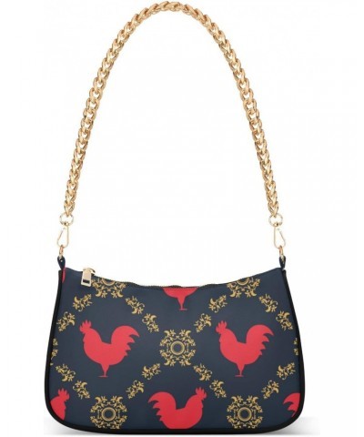 Rooster Shoulder Bag for Women Fabric Crescent Handbag with Zipper Chain Clutch Purses for Travel Party Concert Teen Girls $1...