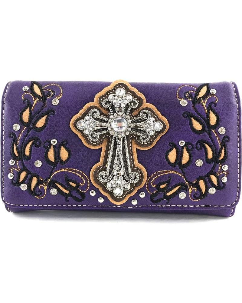 Western Floral Rhinestone Side Pocket Cross Slim Handle Conceal Carry Handbag Purse Tote and Strap Wallet Purple Wallet Only ...