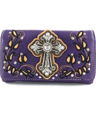 Western Floral Rhinestone Side Pocket Cross Slim Handle Conceal Carry Handbag Purse Tote and Strap Wallet Purple Wallet Only ...