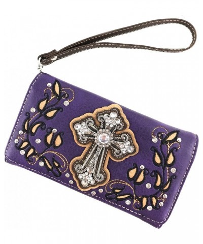 Western Floral Rhinestone Side Pocket Cross Slim Handle Conceal Carry Handbag Purse Tote and Strap Wallet Purple Wallet Only ...