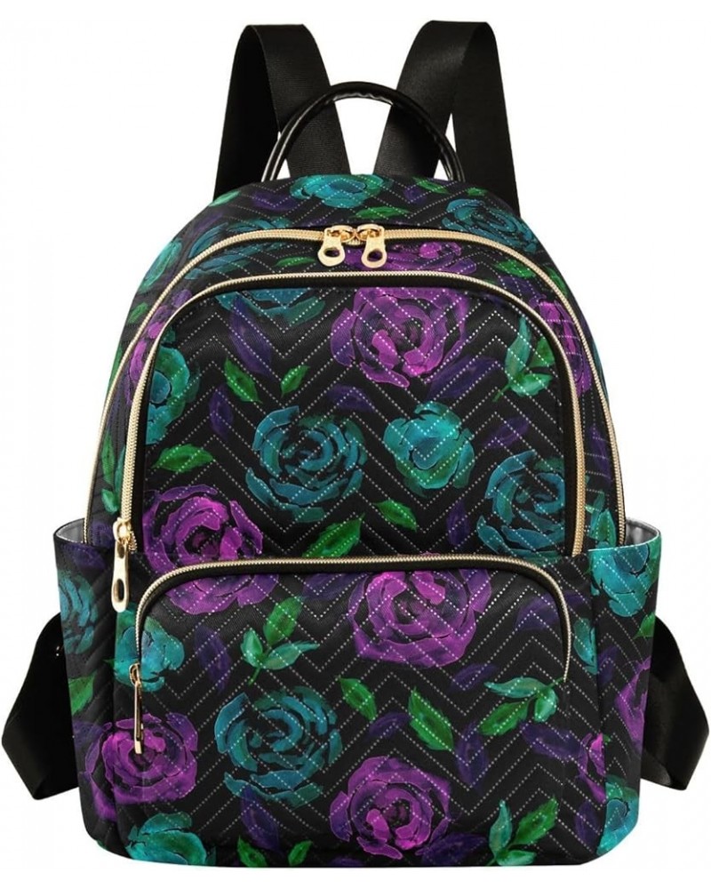 Purple & Green Rose Flower Small Backpack Purse for Women Travel Bag Fashion Daypack Back Pack Shoulder Bag Multicolor Medium...