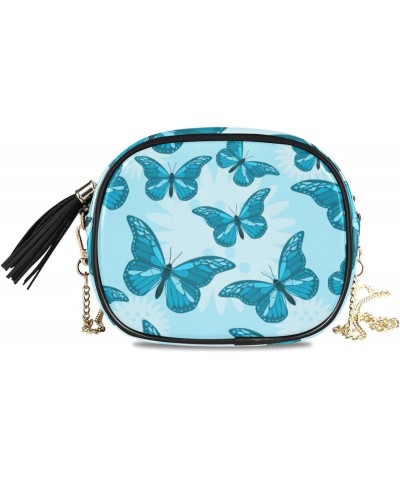 Small Crossbody Bag Beautiful Blue Butterfly Womens Shoulder Chain Bag PU Leather Small Purse With Tassel $11.04 Shoulder Bags