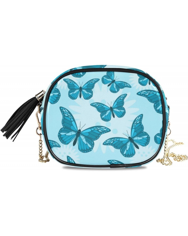 Small Crossbody Bag Beautiful Blue Butterfly Womens Shoulder Chain Bag PU Leather Small Purse With Tassel $11.04 Shoulder Bags