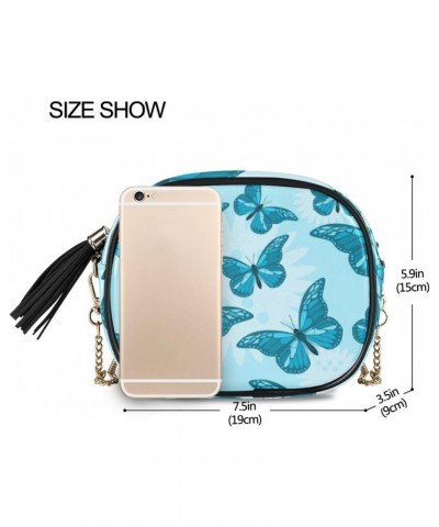 Small Crossbody Bag Beautiful Blue Butterfly Womens Shoulder Chain Bag PU Leather Small Purse With Tassel $11.04 Shoulder Bags