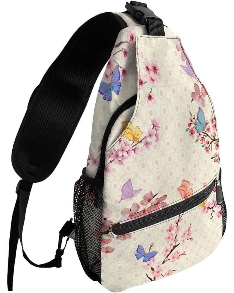 Sling Bag Crossbody Bag for Women Men Vintage Botanical Pink Flower and Butterfly Waterproof Hiking Backpack Lightweight Ches...