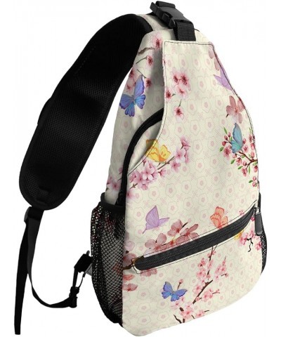 Sling Bag Crossbody Bag for Women Men Vintage Botanical Pink Flower and Butterfly Waterproof Hiking Backpack Lightweight Ches...